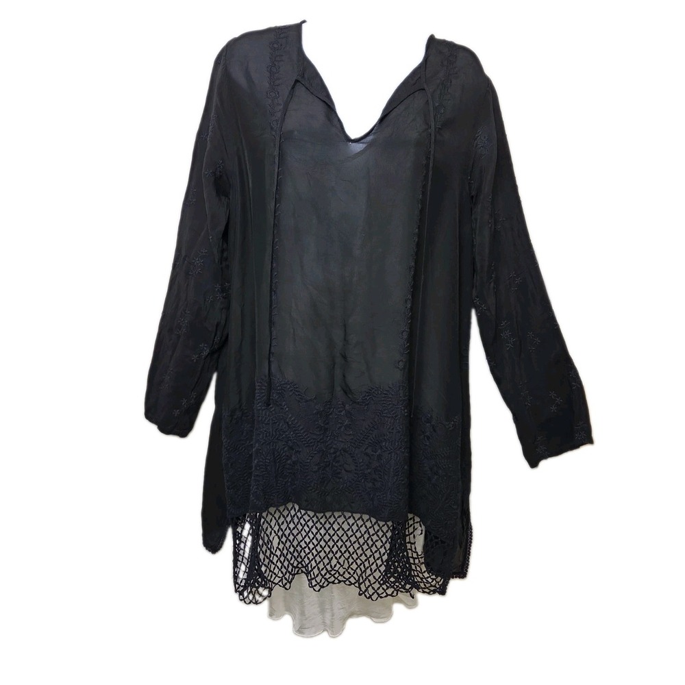 Johnny Was Embroidered Blouse Tunic Dress Black Eyelet Boho Size S Cupra Rayon
